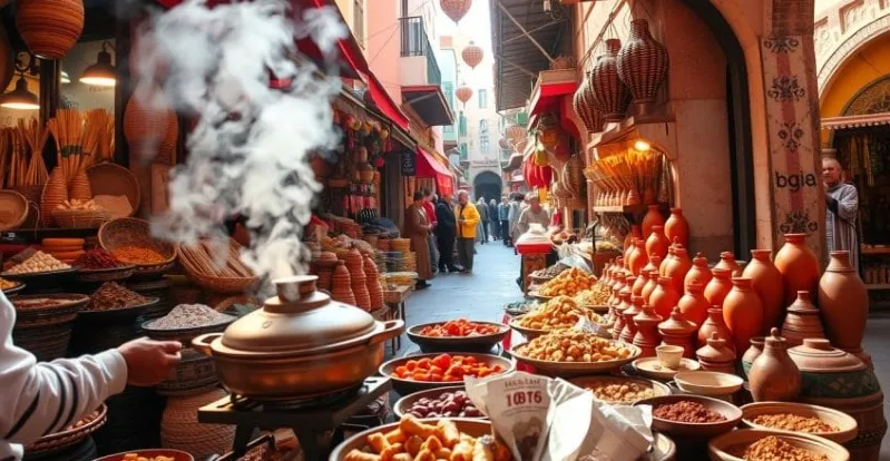 A man stands in front of a Moroccan market filled with colorful pots and bowls, showcasing local crafts and cuisine.