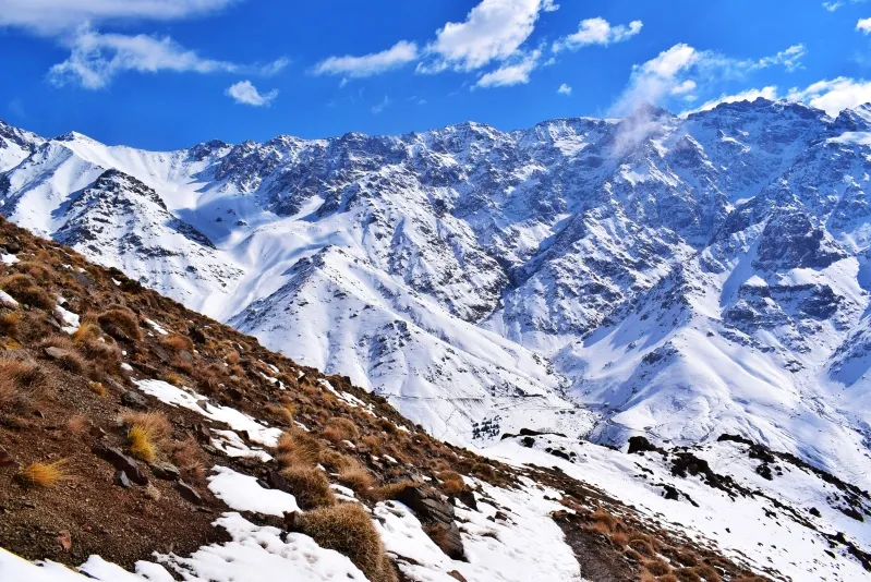 Snow-covered mountains in Afghanistan, showcasing the rugged terrain of trekking in Morocco Atlas Mountains.