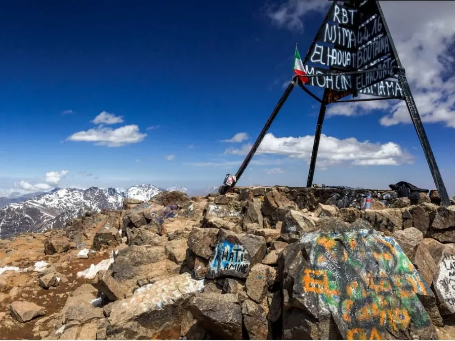 Summit of Mount Kilimanjaro, showcasing snow-capped peaks against a clear blue sky, viewed from the Atlas Mountains in Morocco.