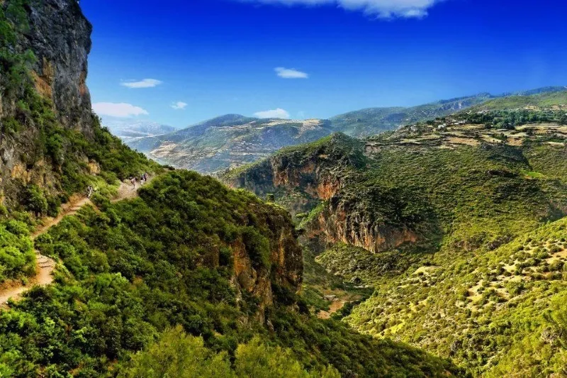 Scenic valley view with a winding road, showcasing the beauty of Sahara desert trips from Marrakech.