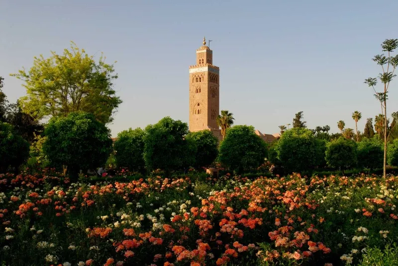 Clock tower of the Marrakech mosque, a stunning landmark best visited during Morocco's mild spring or autumn seasons.