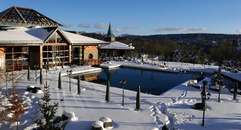 A large lodge nestled in a snowy landscape, surrounded by tall trees, creating a serene winter scene.
